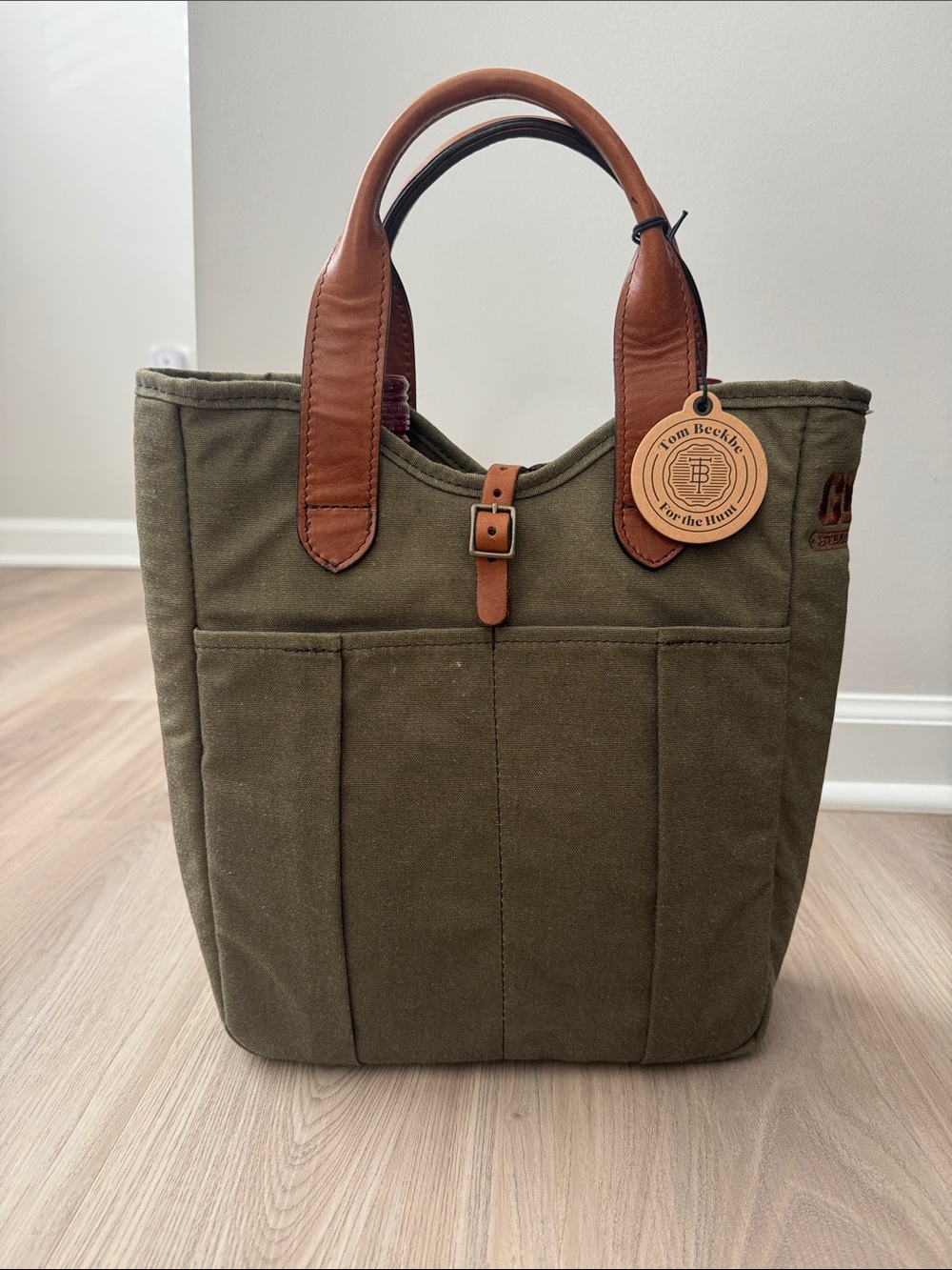 Tom Beckbe Olive Canvas Tote with Brown Leather Handles